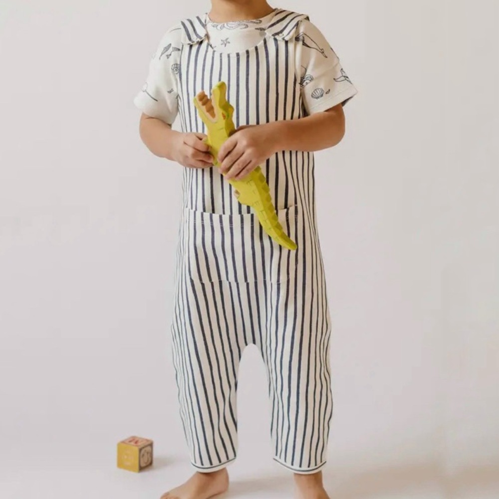 Pehr Stripes Away Organic Cotton Overalls Size 3-6 Months Blue White Pocket Snap